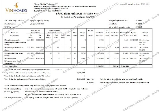 VIETNAM VINHOMES utility bill Word and PDF template